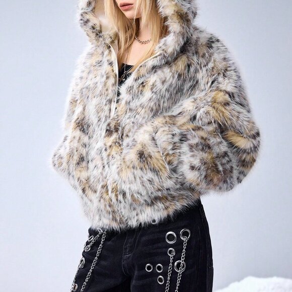 Multicolor Casual Women's Grunge Punk Ombre Polka Dot Faux Fur Hooded Cardigan - Picture 3 of 8